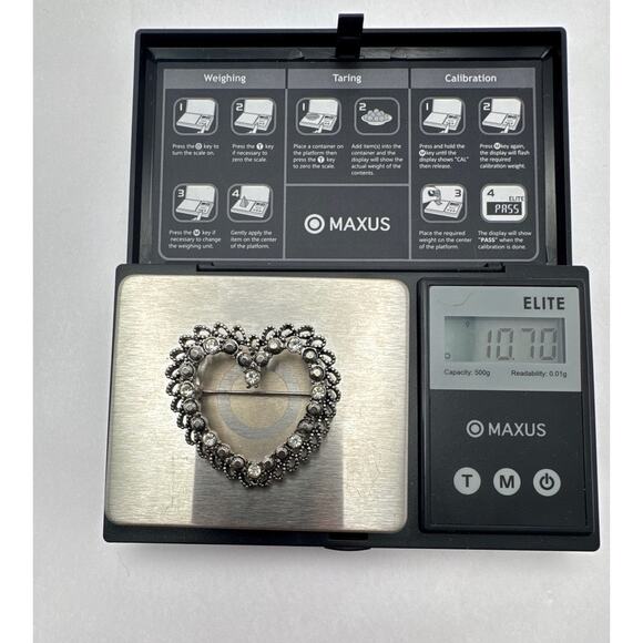 Vintage 1970s Victorian Revival Heart Brooch Pin Pewter Tone Rhinestone Jewelry - Picture 7 of 8